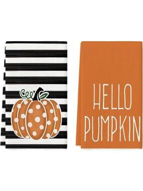 Orange Polka Dot Fall Kitchen Towels Set of 2 Hello Pumpkin Hand Dish Towels